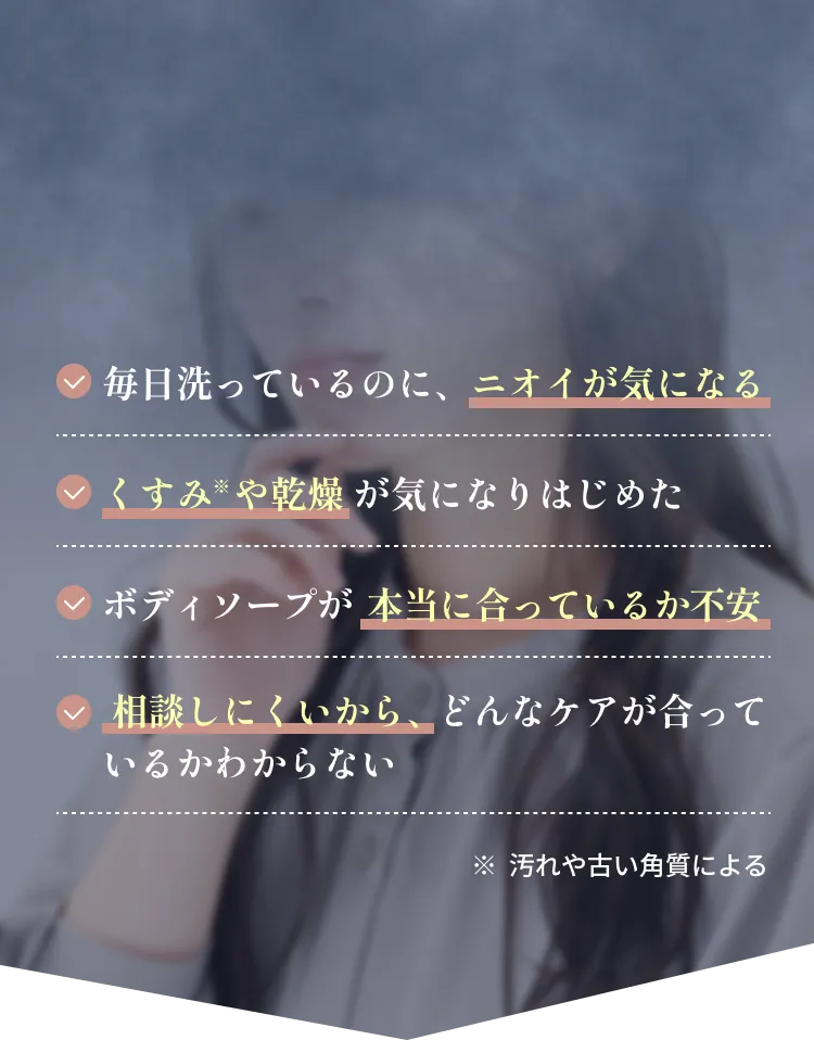毎日洗っているのに、ニオイが気になる、くすみ   や乾燥 が気になりはじめた、ボディソープが 本当に合っているか不安、 相談しにくいから、どんなケアが合って
いるかわからない